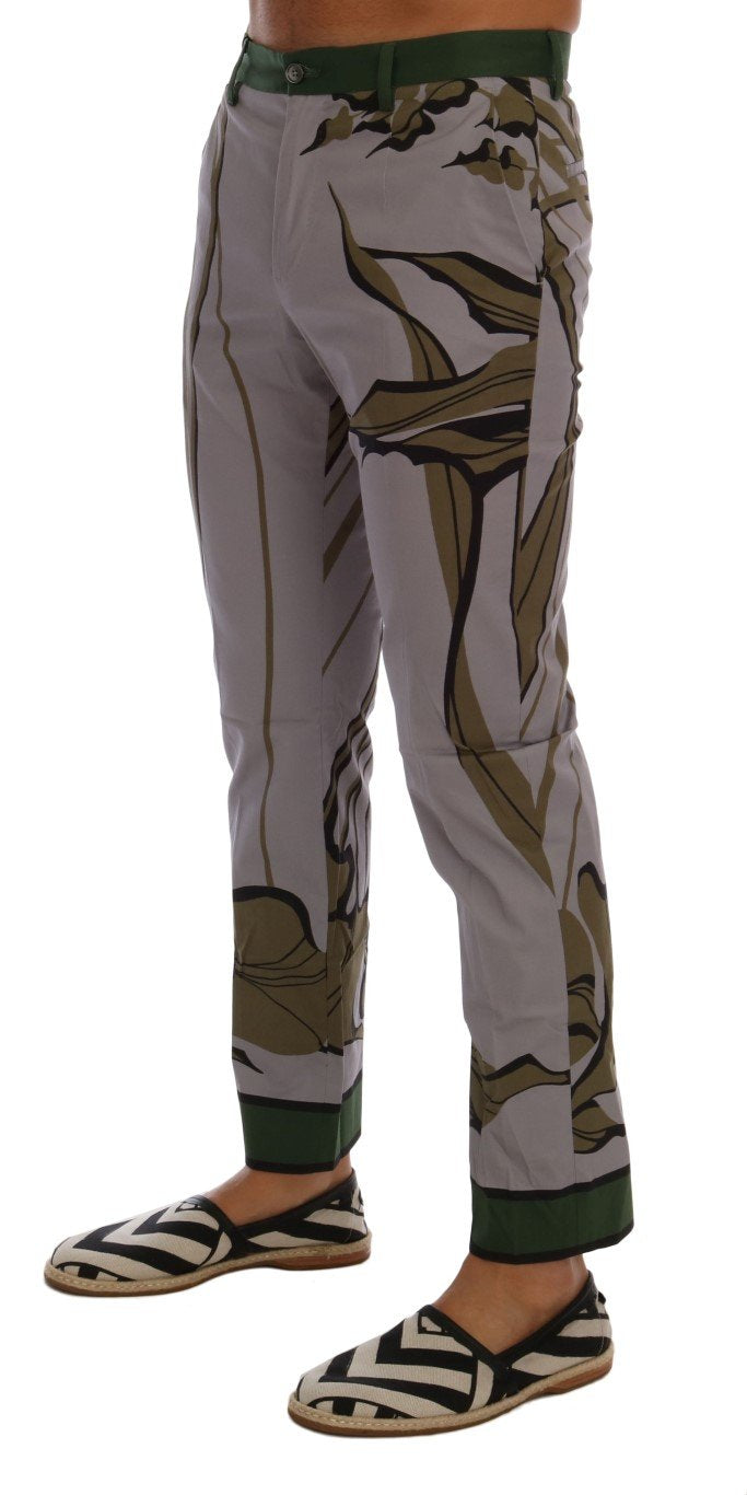 Gray Leaves Print Cotton Pants