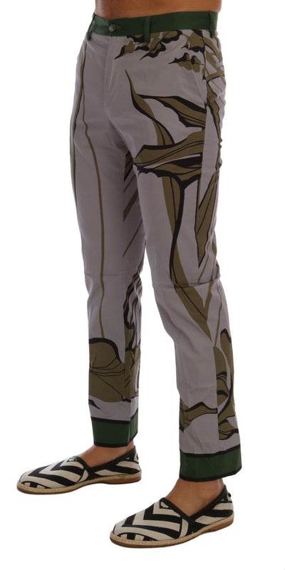 Gray Leaves Print Cotton Pants