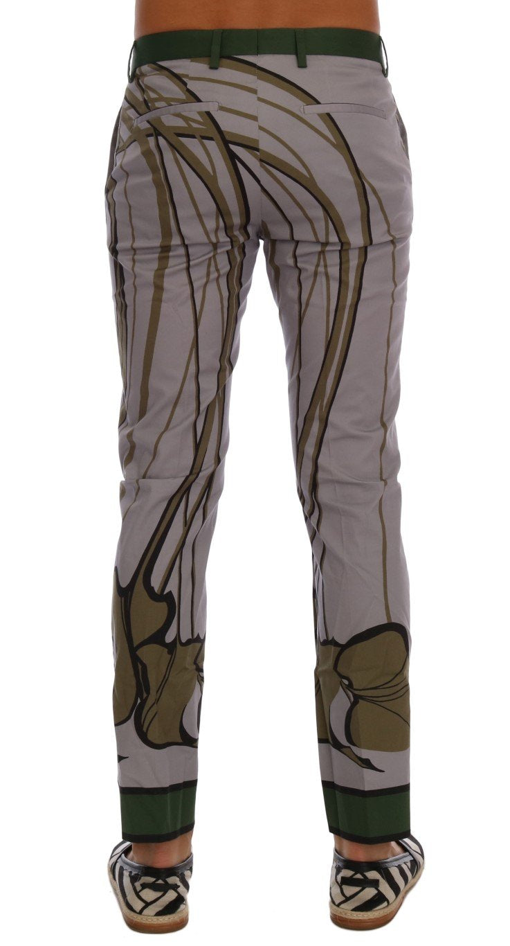 Gray Leaves Print Cotton Pants