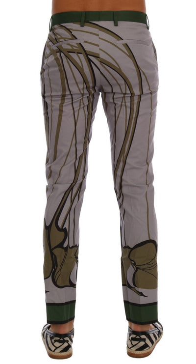 Gray Leaves Print Cotton Pants