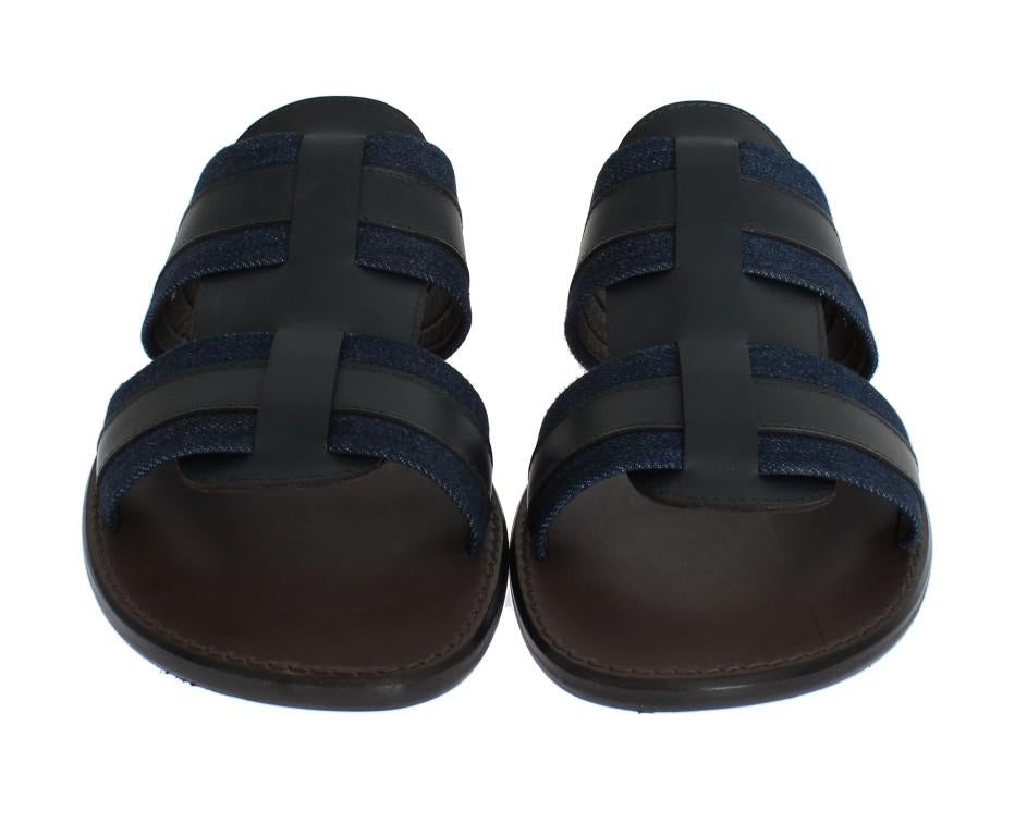 Blue Leather Canvas Slides Sandals