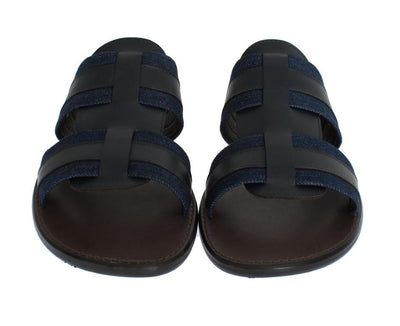 Blue Leather Canvas Slides Sandals