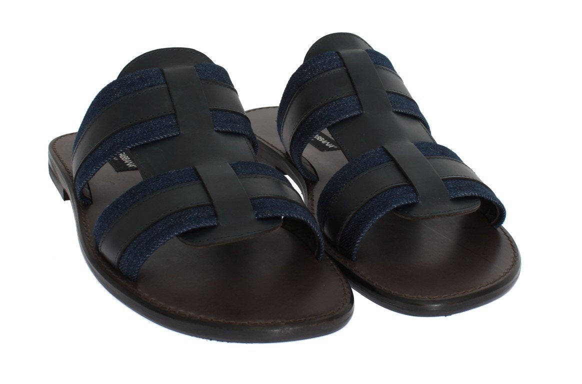 Blue Leather Canvas Slides Sandals