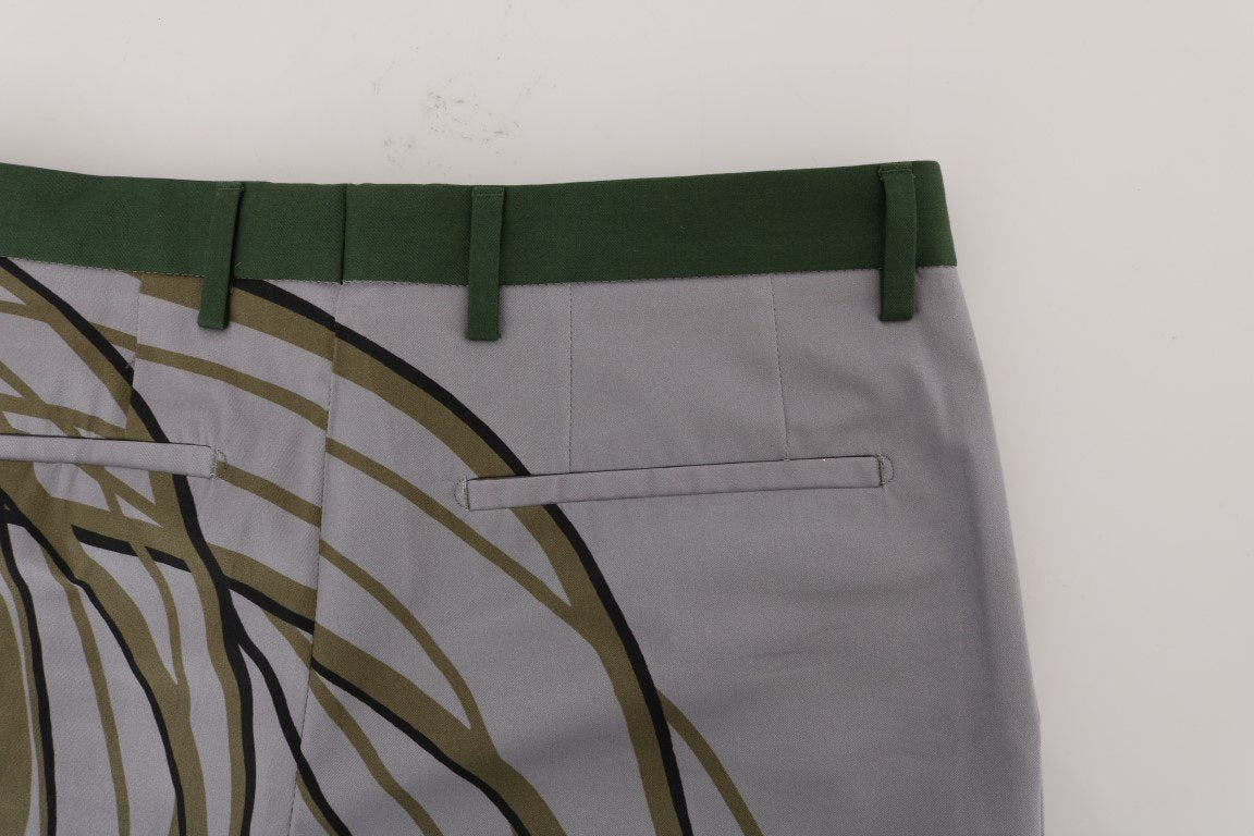 Gray Leaves Print Cotton Pants