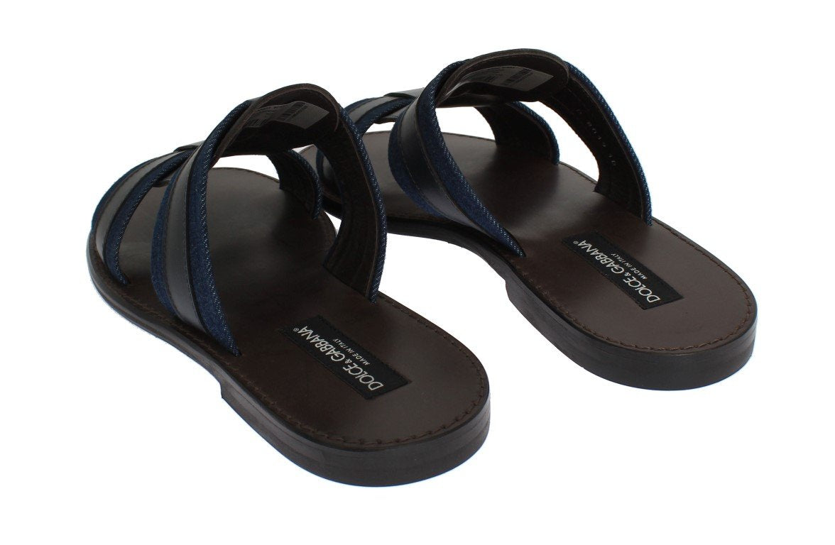 Blue Leather Canvas Slides Sandals