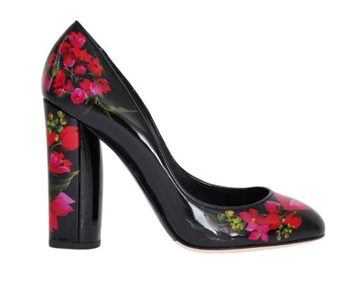 Black Red Floral Print Leather Shoes