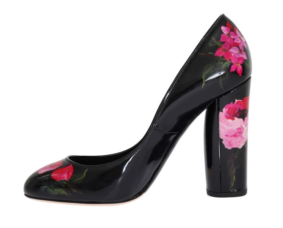Black Red Floral Print Leather Shoes