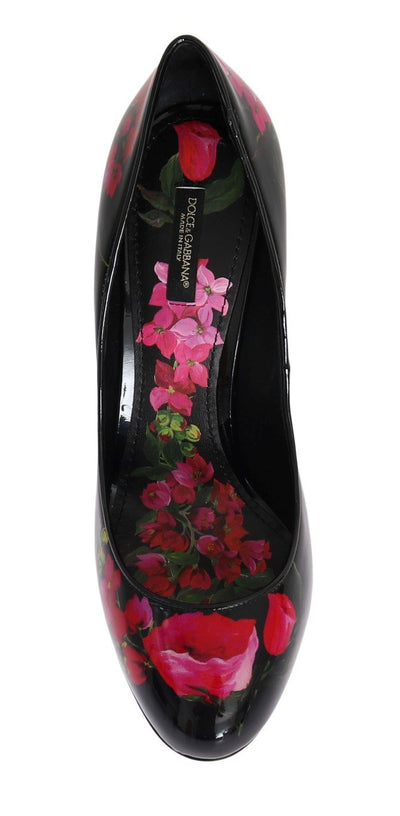 Black Red Floral Print Leather Shoes