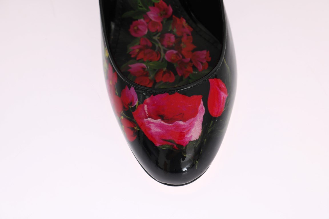 Black Red Floral Print Leather Shoes