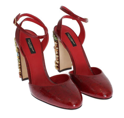 Red Leather Floral Crystal Shoes