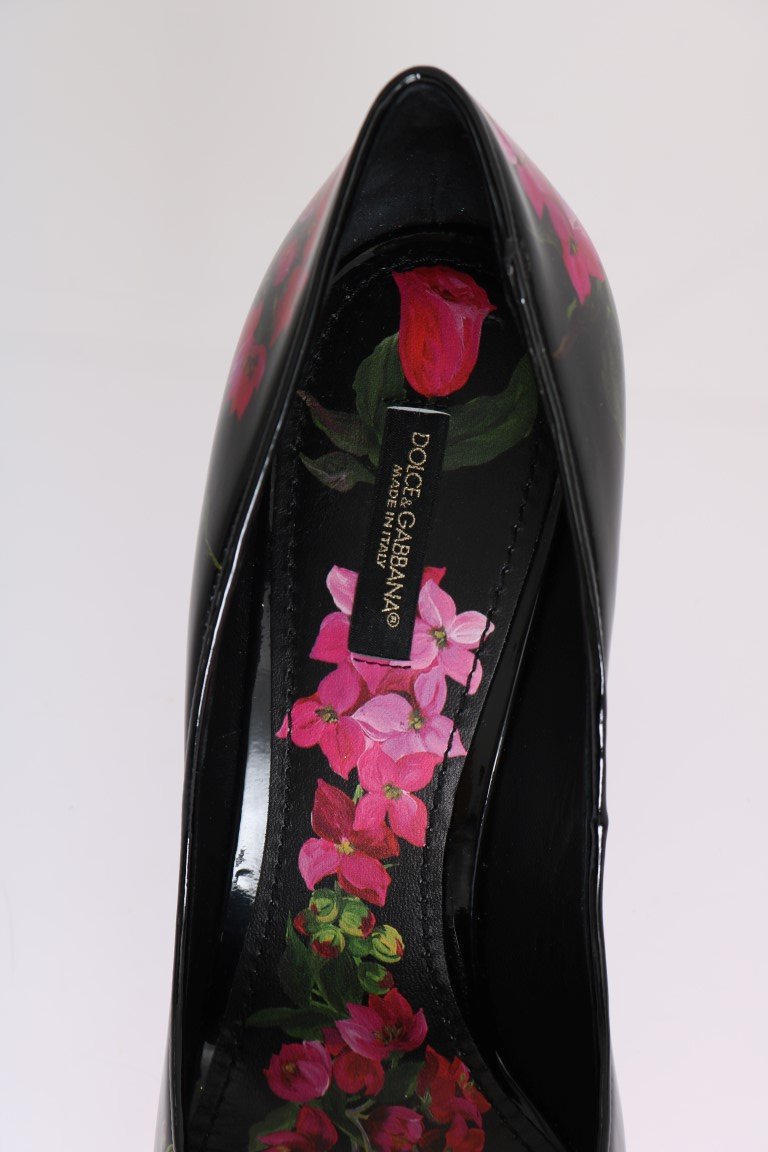 Black Red Floral Print Leather Shoes