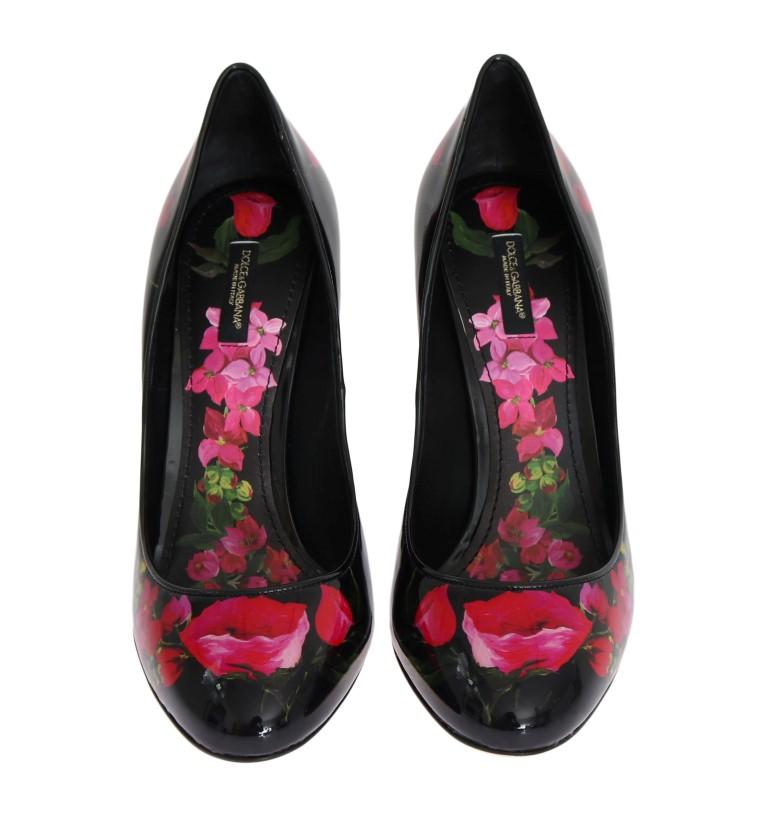 Black Red Floral Print Leather Shoes