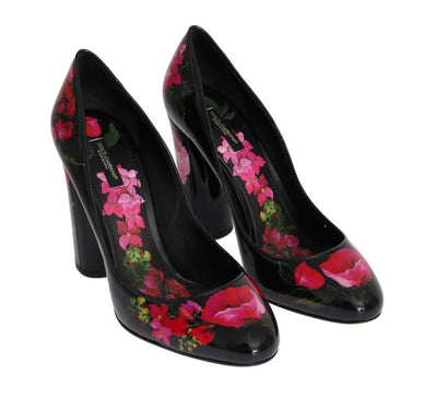Black Red Floral Print Leather Shoes