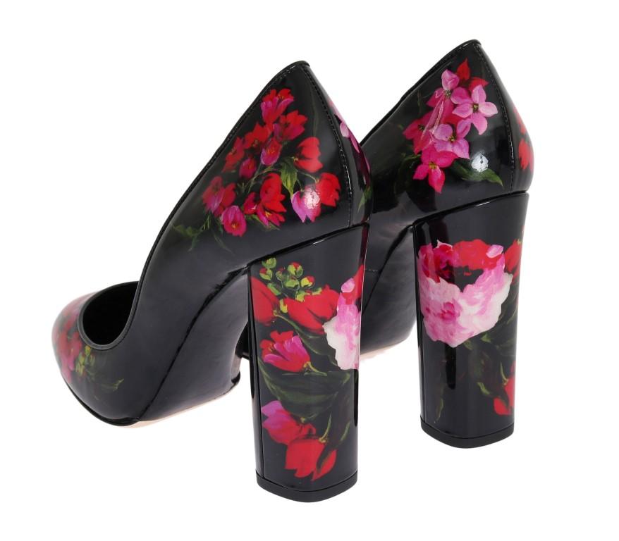 Black Red Floral Print Leather Shoes