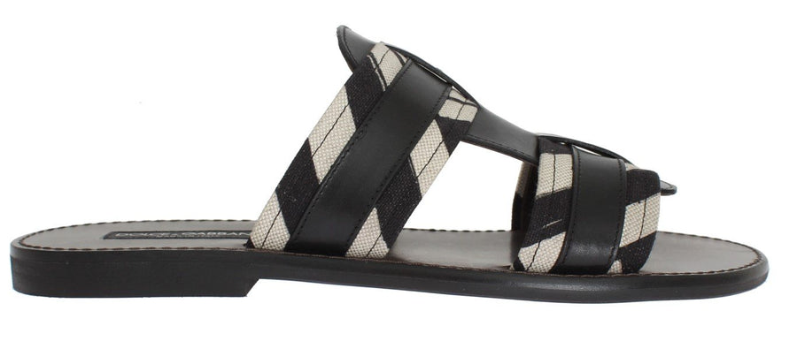 Black Leather Linen Slides Sandals
