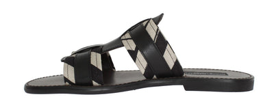 Black Leather Linen Slides Sandals