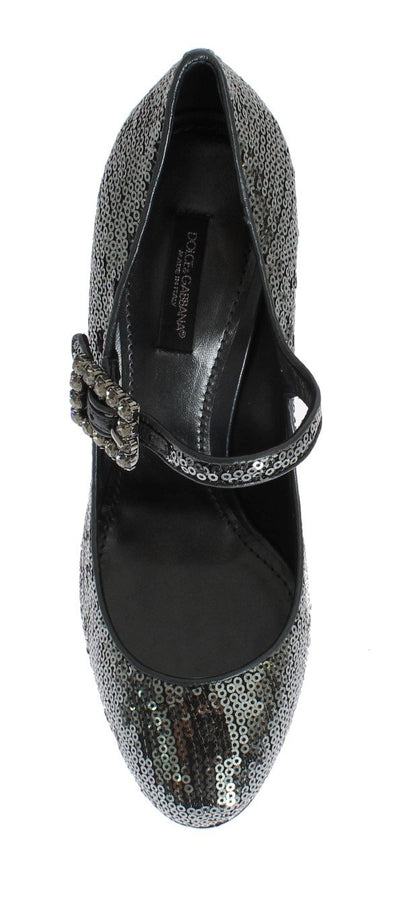 Gray Leather Sequined Mary Janes Shoes