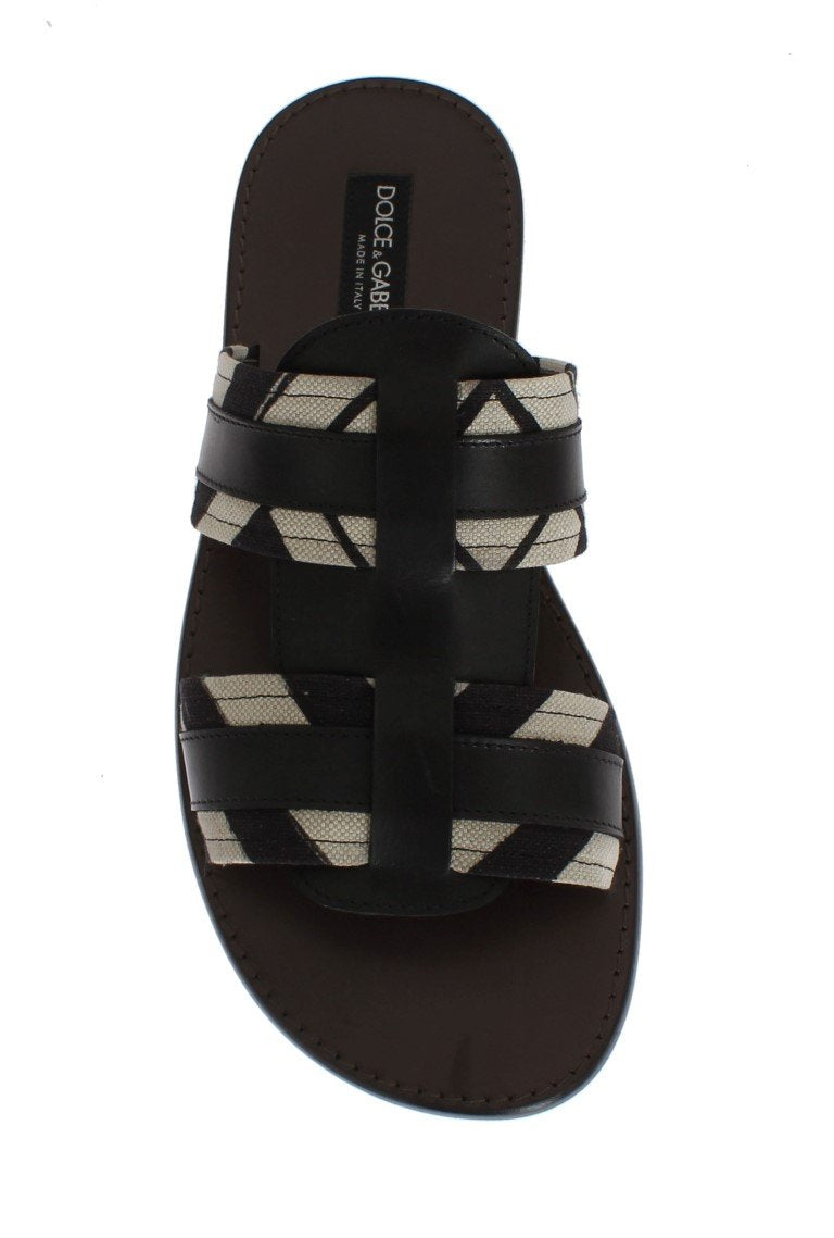 Black Leather Linen Slides Sandals
