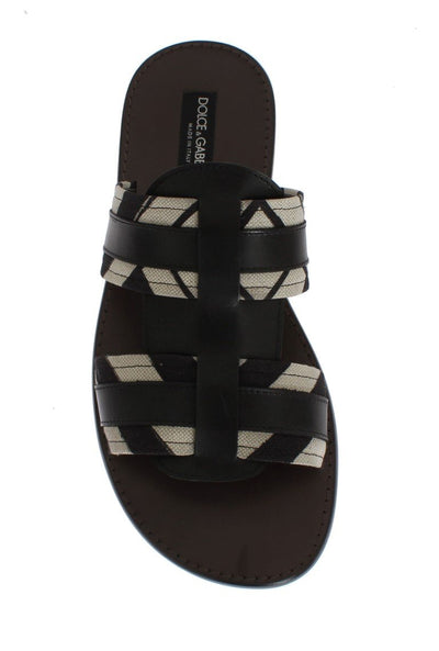 Black Leather Linen Slides Sandals
