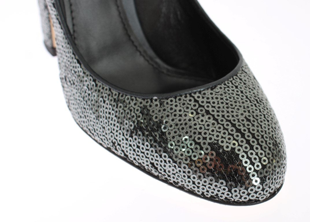Gray Leather Sequined Mary Janes Shoes