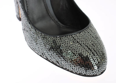 Gray Leather Sequined Mary Janes Shoes