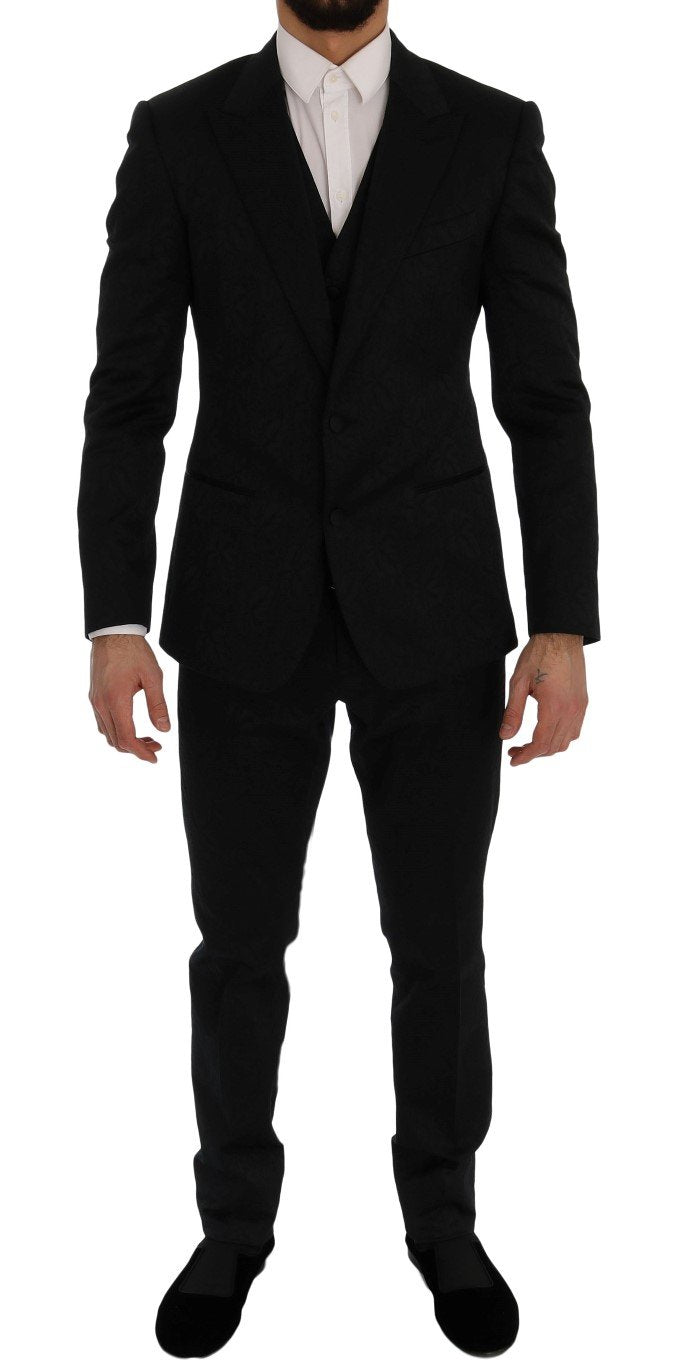 Black Floral Brocade 3 Piece Slim Suit