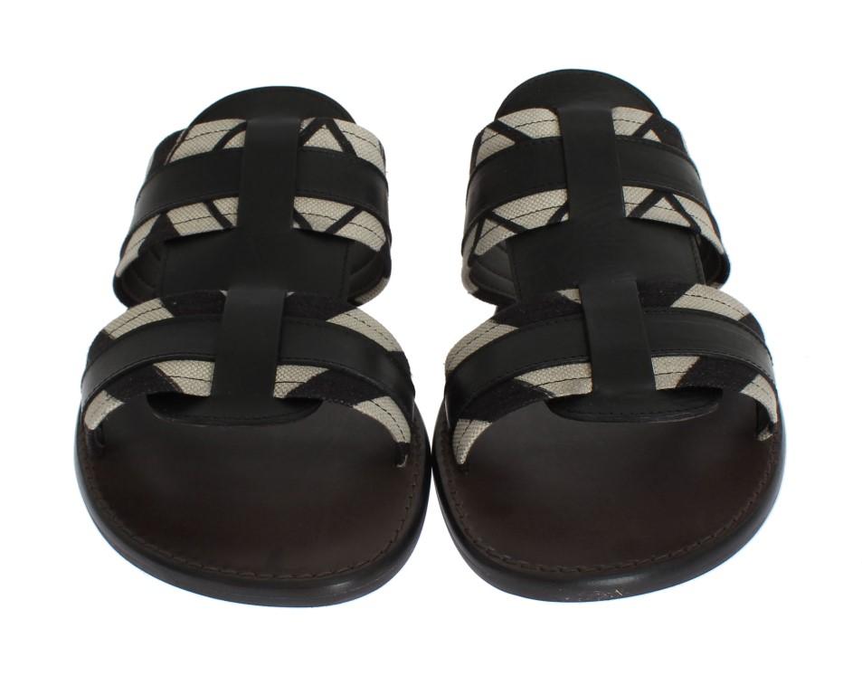 Black Leather Linen Slides Sandals