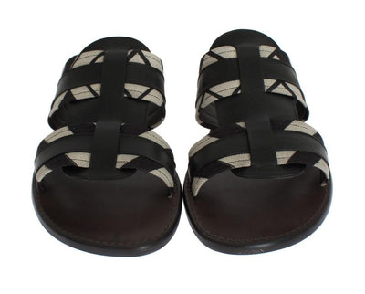 Black Leather Linen Slides Sandals