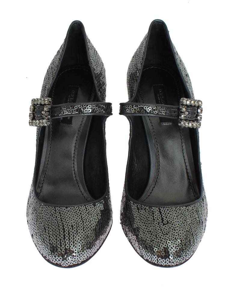 Gray Leather Sequined Mary Janes Shoes