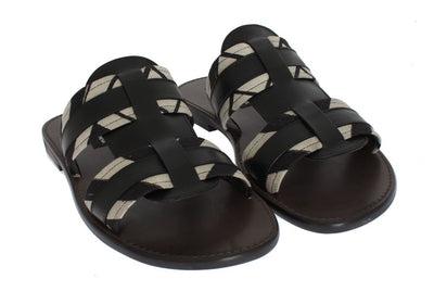 Black Leather Linen Slides Sandals