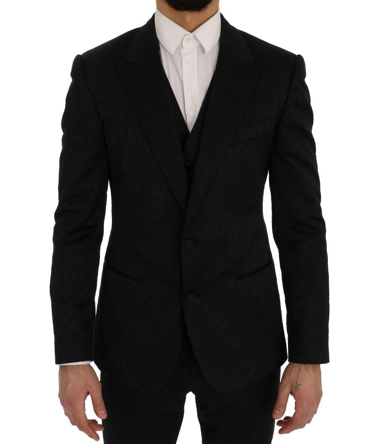 Black Floral Brocade 3 Piece Slim Suit