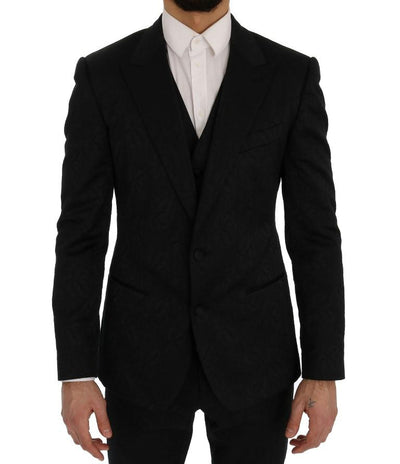 Black Floral Brocade 3 Piece Slim Suit