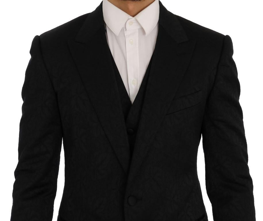 Black Floral Brocade 3 Piece Slim Suit