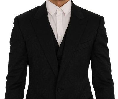 Black Floral Brocade 3 Piece Slim Suit