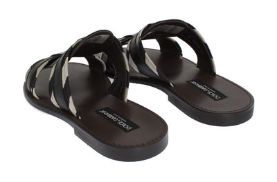 Black Leather Linen Slides Sandals