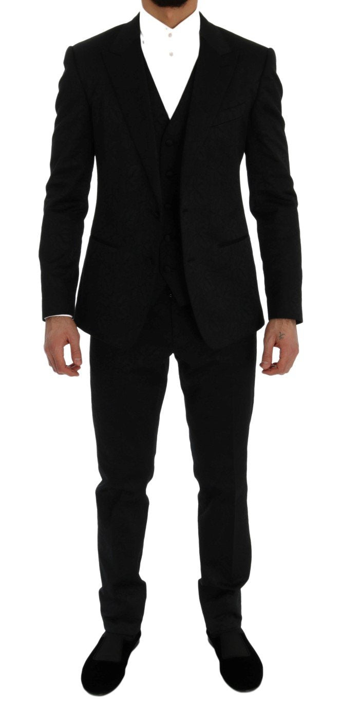 Black Floral Brocade 3 Piece Slim Suit