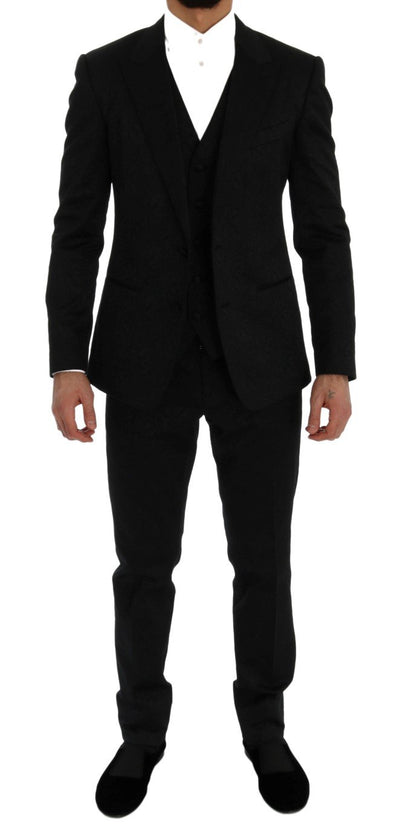 Black Floral Brocade 3 Piece Slim Suit