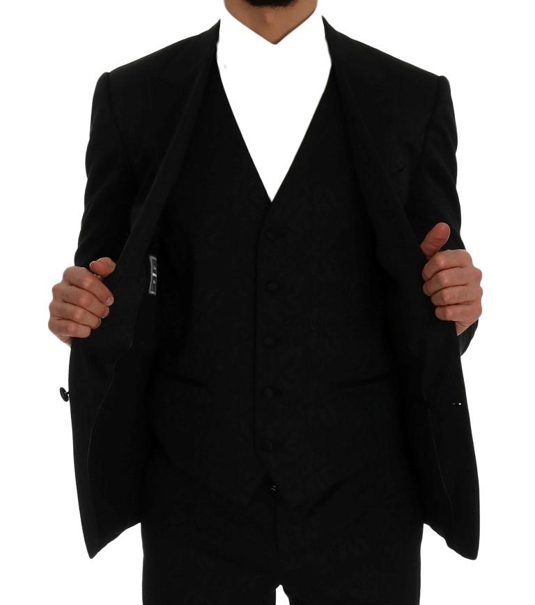 Black Floral Brocade 3 Piece Slim Suit