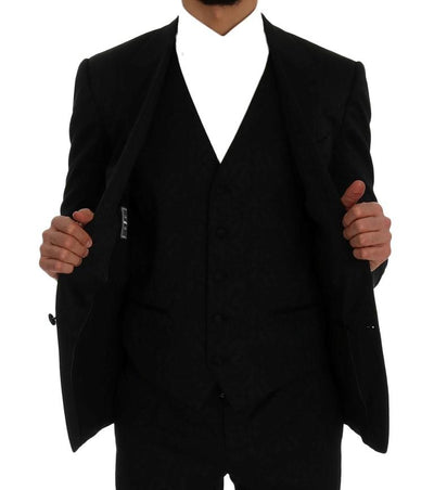 Black Floral Brocade 3 Piece Slim Suit
