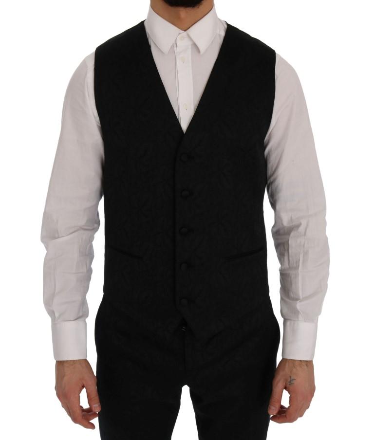 Black Floral Brocade 3 Piece Slim Suit