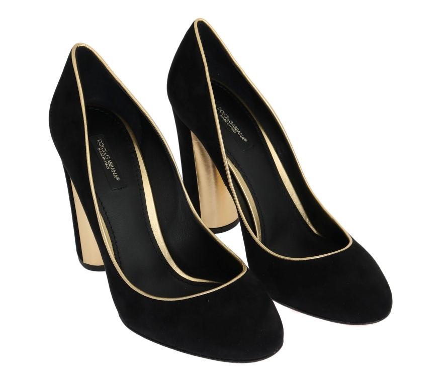 Black Gold Heels Suede Leather Pumps