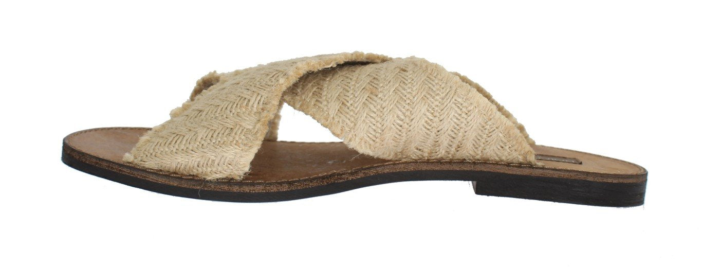 Beige Jute Woven Slides Sandals