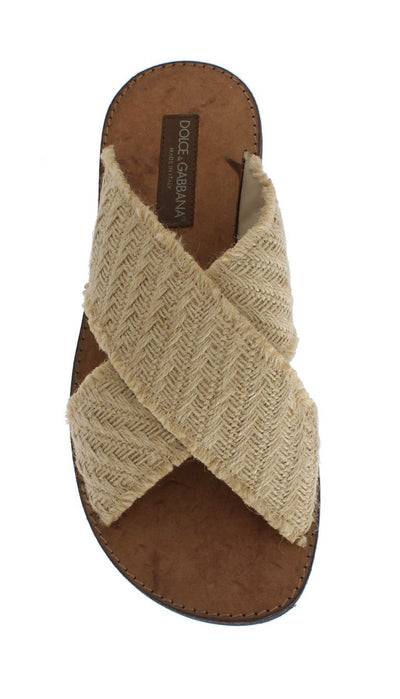 Beige Jute Woven Slides Sandals