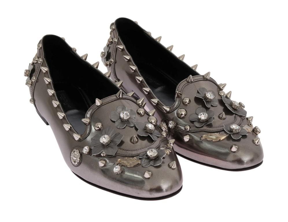 Silver Leather Studded Crystal Loafer