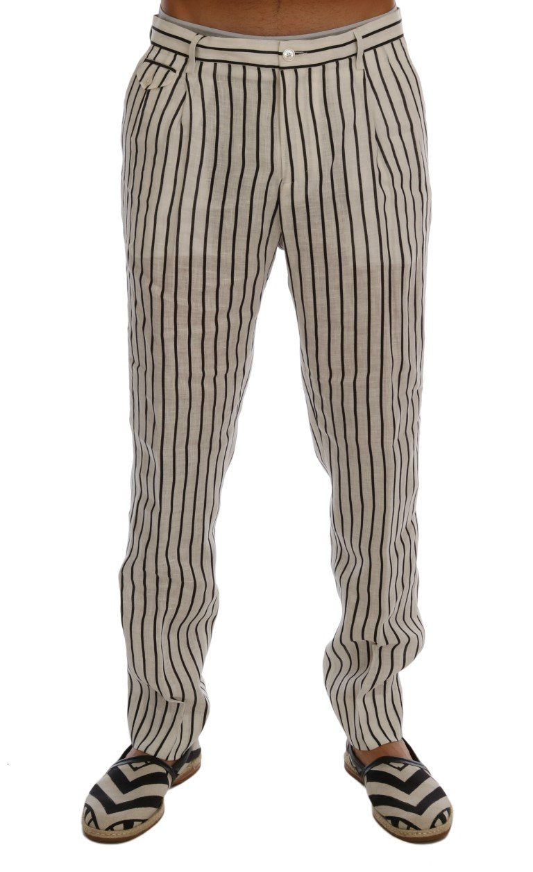 White Black Striped 100% Linen Pants