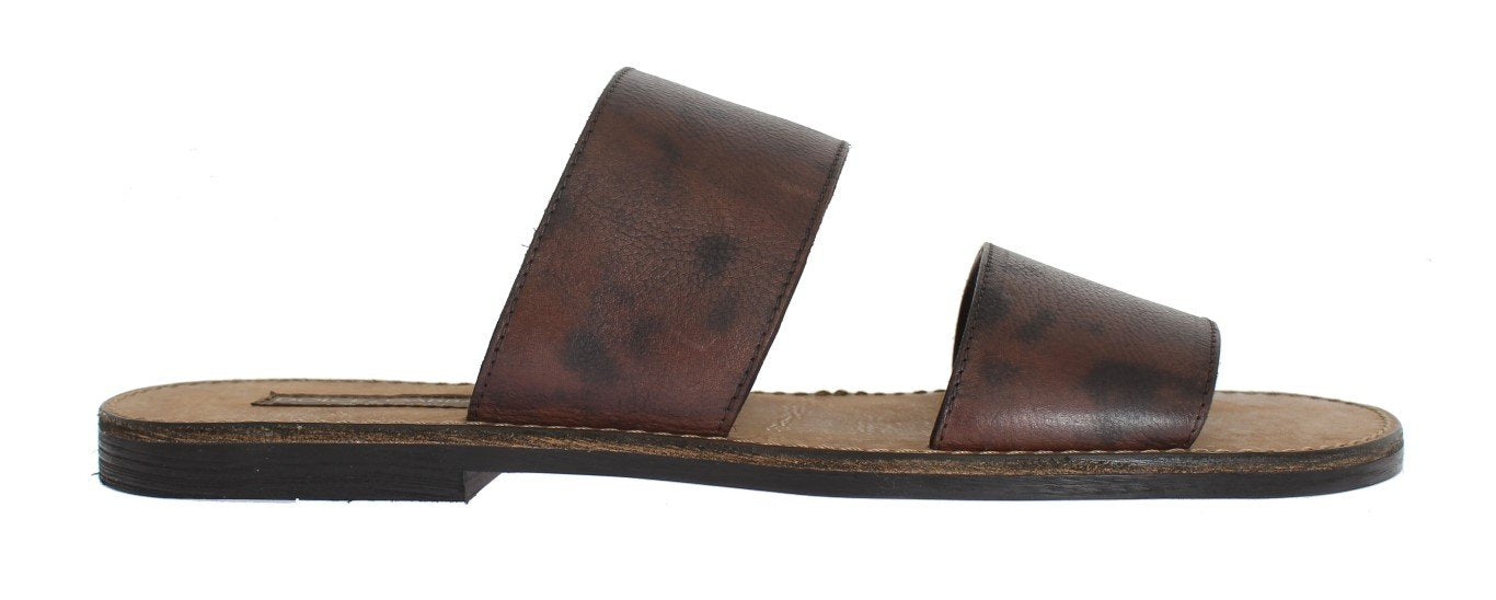 Brown Leather Pattern Slides Sandals
