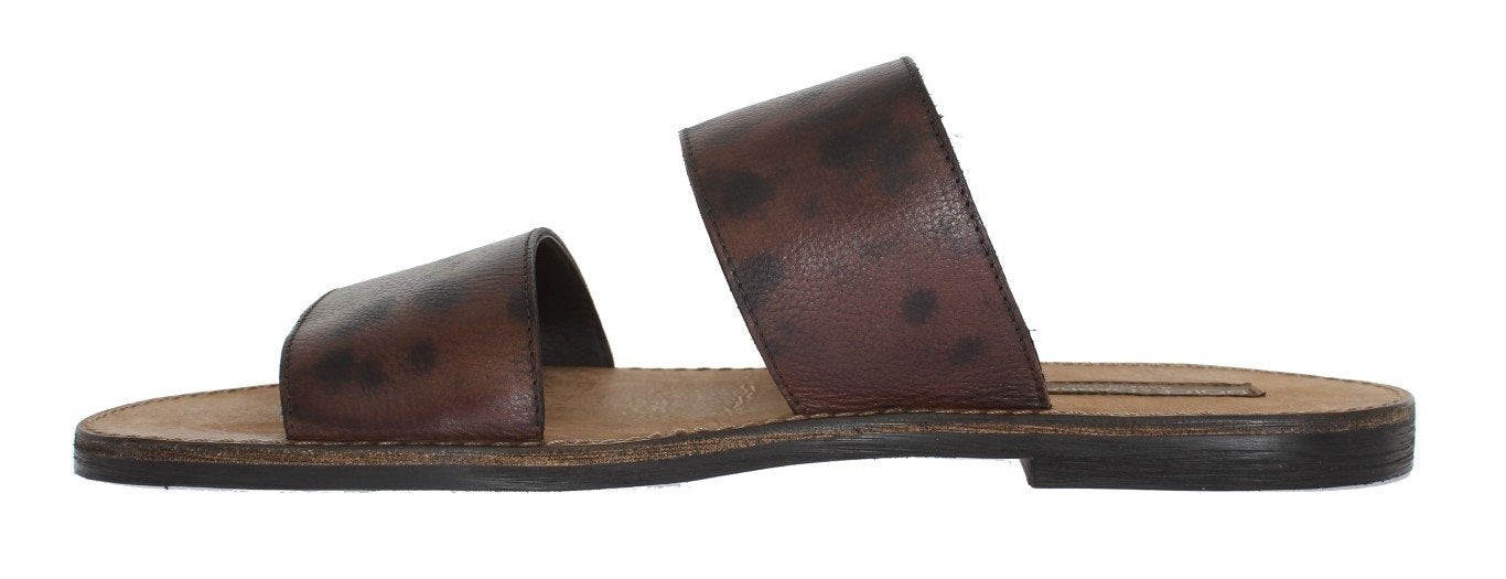 Brown Leather Pattern Slides Sandals