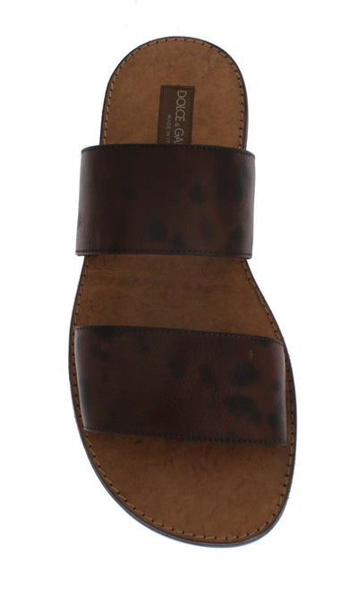 Brown Leather Pattern Slides Sandals