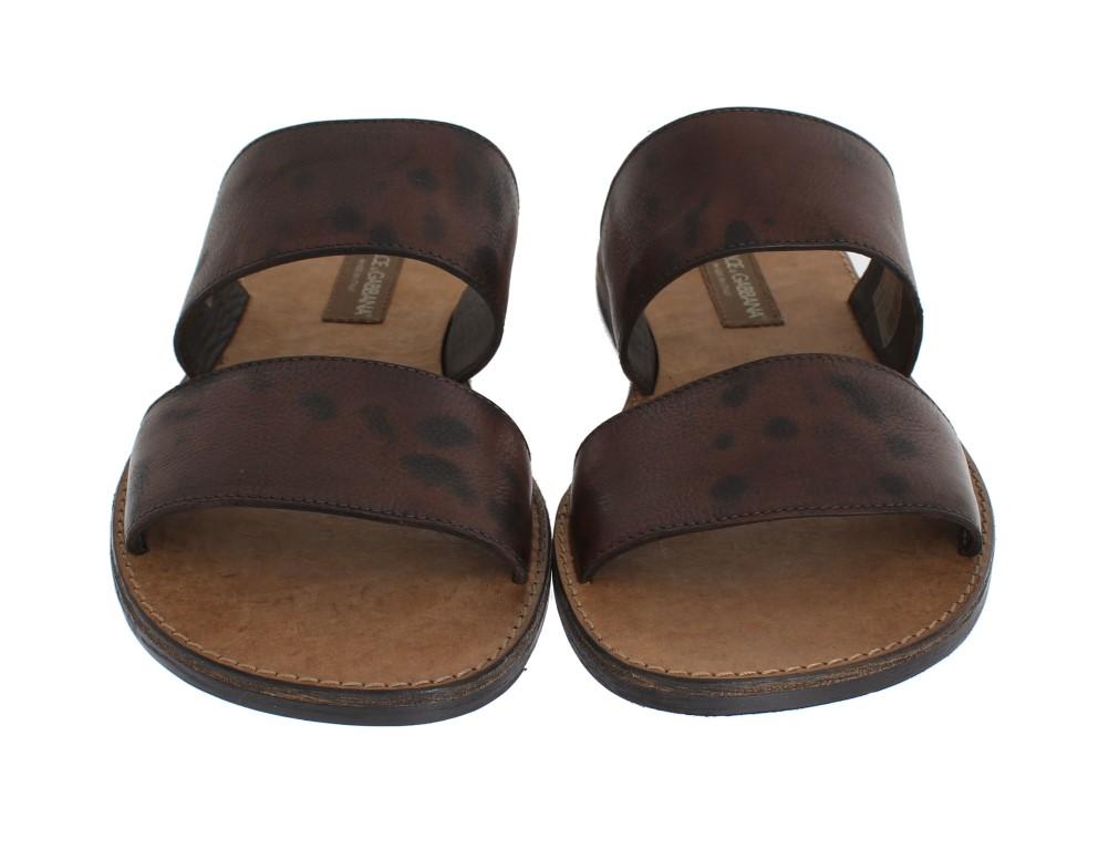 Brown Leather Pattern Slides Sandals