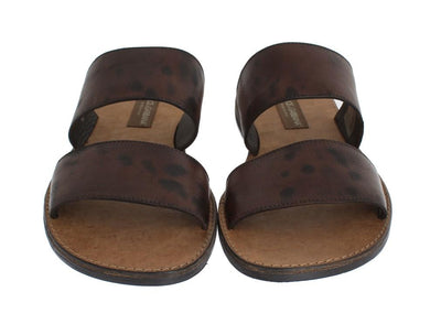 Brown Leather Pattern Slides Sandals